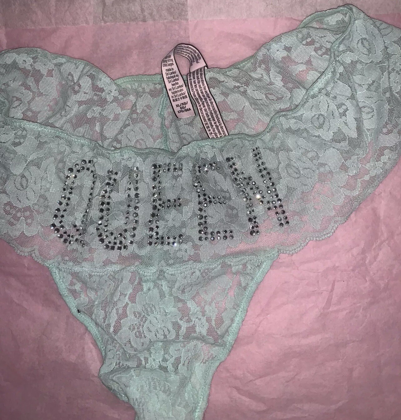 Victorias Secret Thong NWOT Large Jade Green “Queen” Rhinestone Lace Thong
