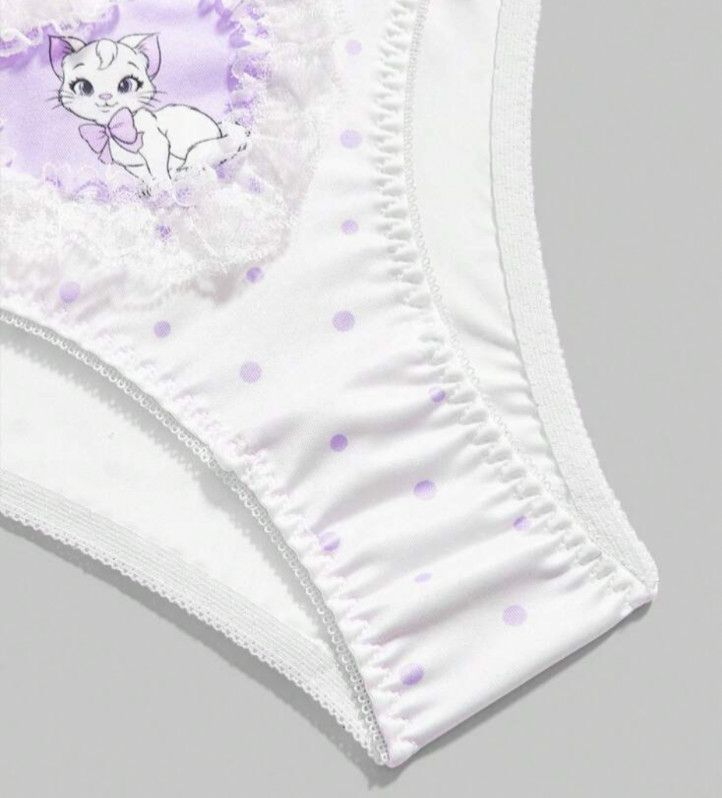 Women’s Kawaii Cartoon Cat White Polka Dot Heart Sissy Lace Bikini Brief Panty L