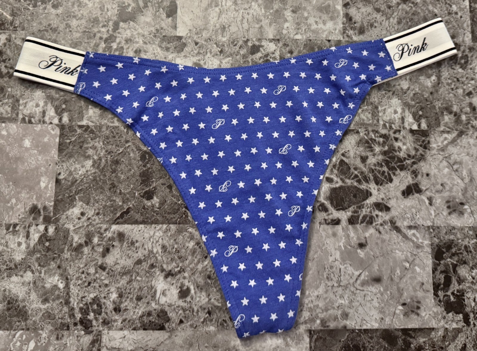 NWOT VICTORIA’S SECRET PINK BLUE WHITE STAR THICK LOGO SIDE STRAP THONG PANTIES