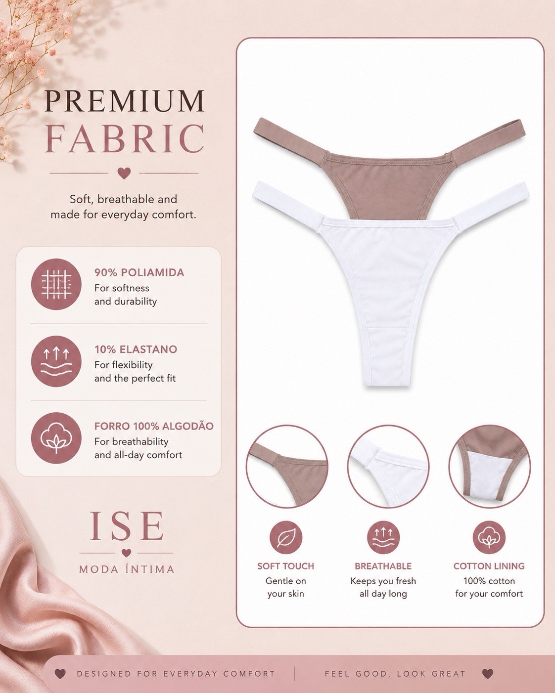 ISE Moda Intima Women’s Thong/String Panties 2-Pack Solid Low Rise Breathable