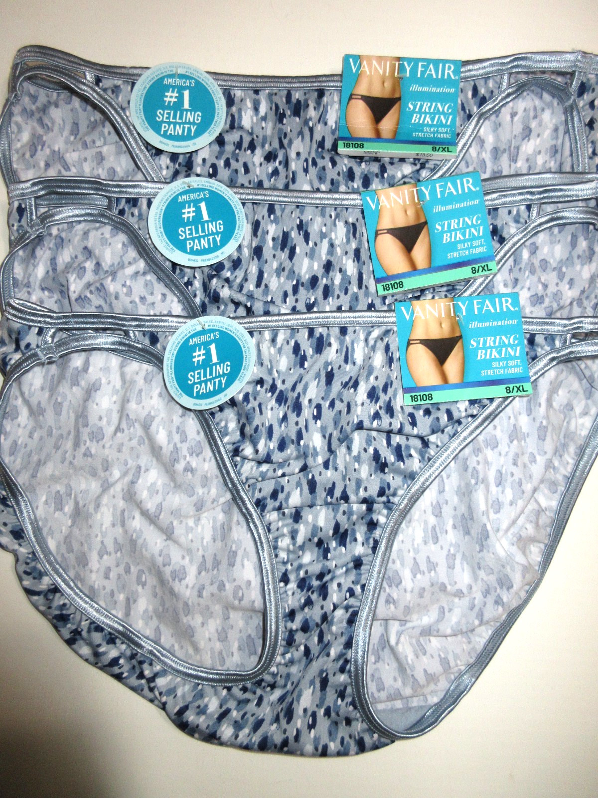 Vanity Fair 3-Pack Body Shine Illumination String BIKINI Panties 18108 Blue 8/XL
