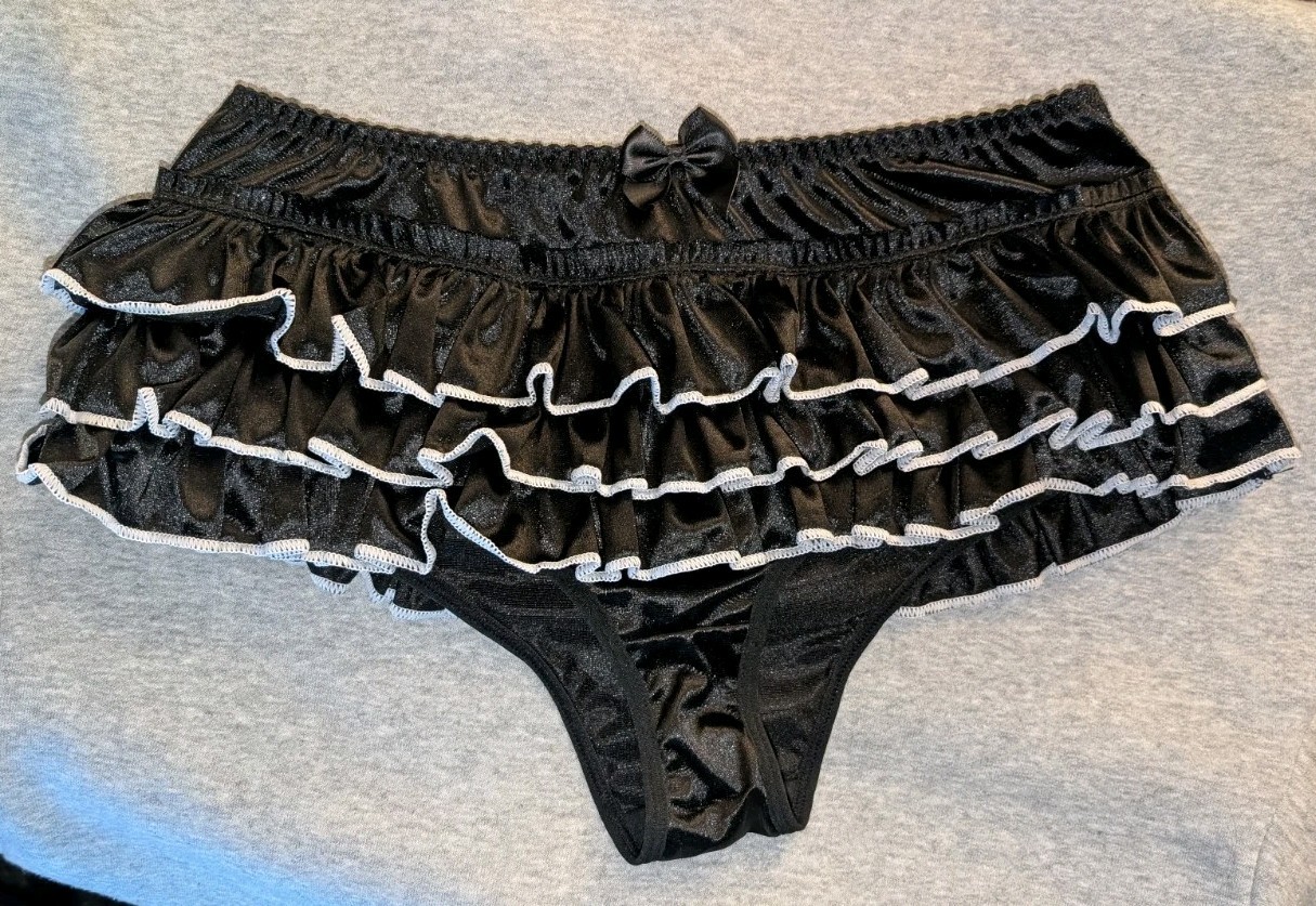Women’s Kawaii Black Skirted Bow Sissy Frilly Ruffle Gay Satin Lace Brief Panty