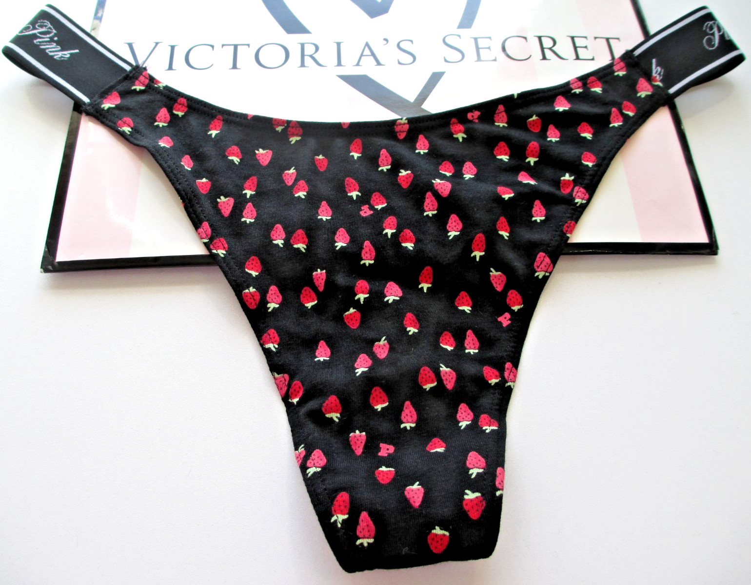 VICTORIA’S SECRET PINK Cotton Logo High Leg Thong Panty S M L Black Strawberries