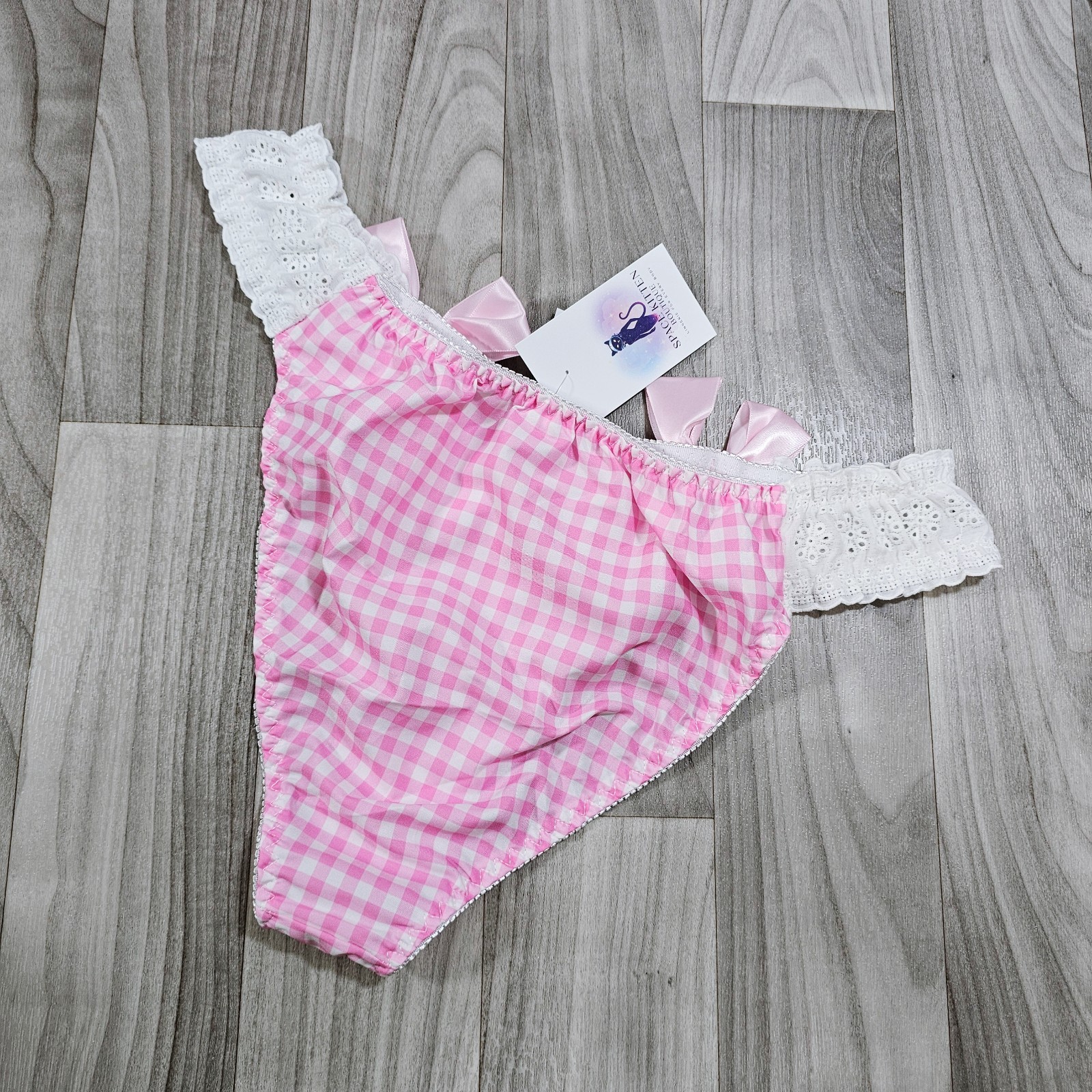 Gingham Bikini Panties with Satin Bows & Eyelet Lace Sides, Pink/White, Size XL