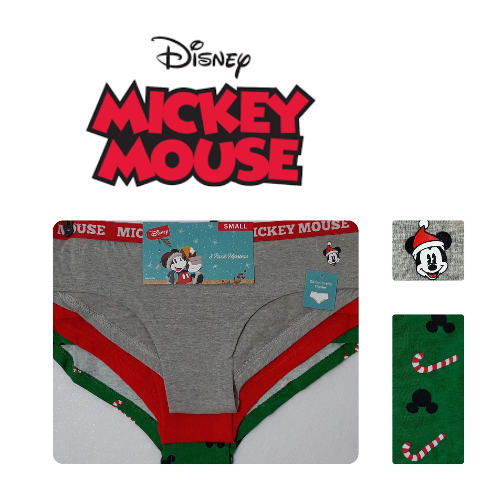 🆕️DISNEY MICKEY MOUSE 3 PAIR Womens Hipster SMALL Panties Green Red Gray