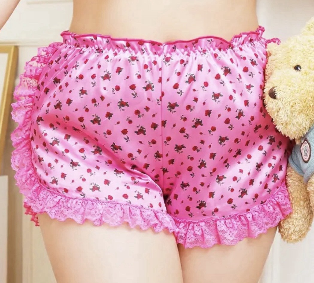 Pink Floral Satin w Ruffled Lace Boy Shorts Style Brief Lounge Pantie 4X 4XL NEW