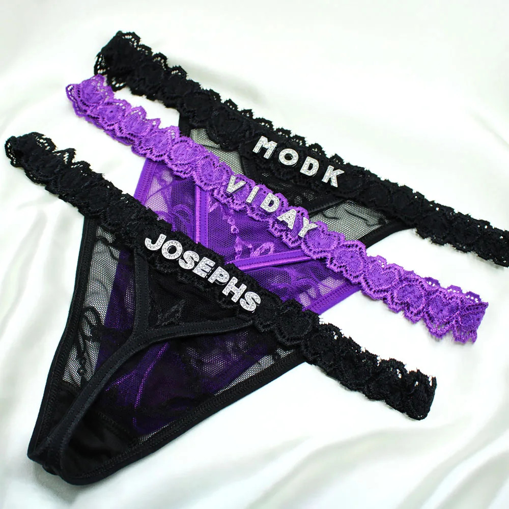 Custom Letters Thong Panties Boyfriend Name Crystal Letter G-String Underwear W3