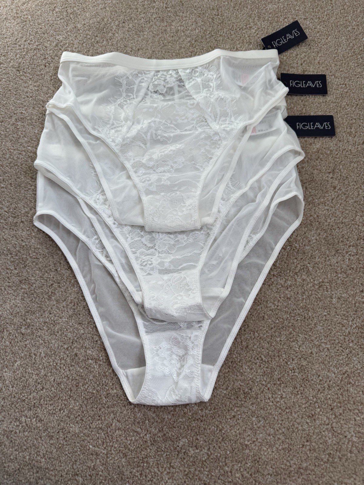 New Figleaves Women’s 3 Pack White Lace Pulse High Waist Sheer Briefs, UK Size 8