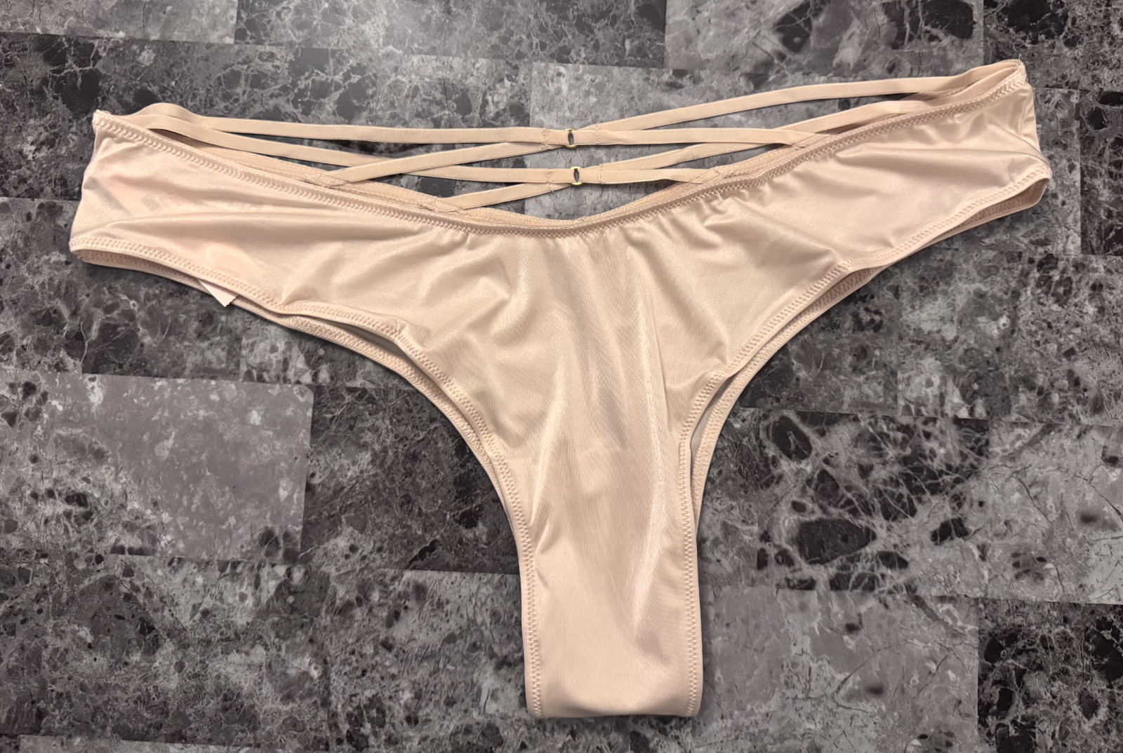 NWT VICTORIA’S SECRET BEIGE NUDE SATIN SMOOTH STRAPPY BACK TANGA CHEEKY PANTIES