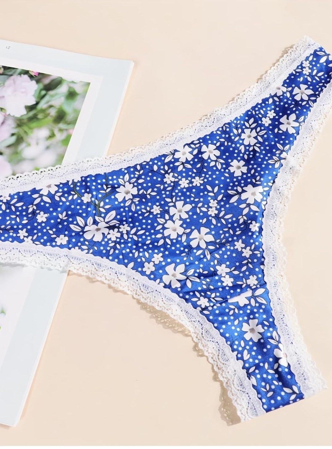 10-Pack Women Sexy Coquette Contrast Lace Trims Floral Print Thongs Underwear