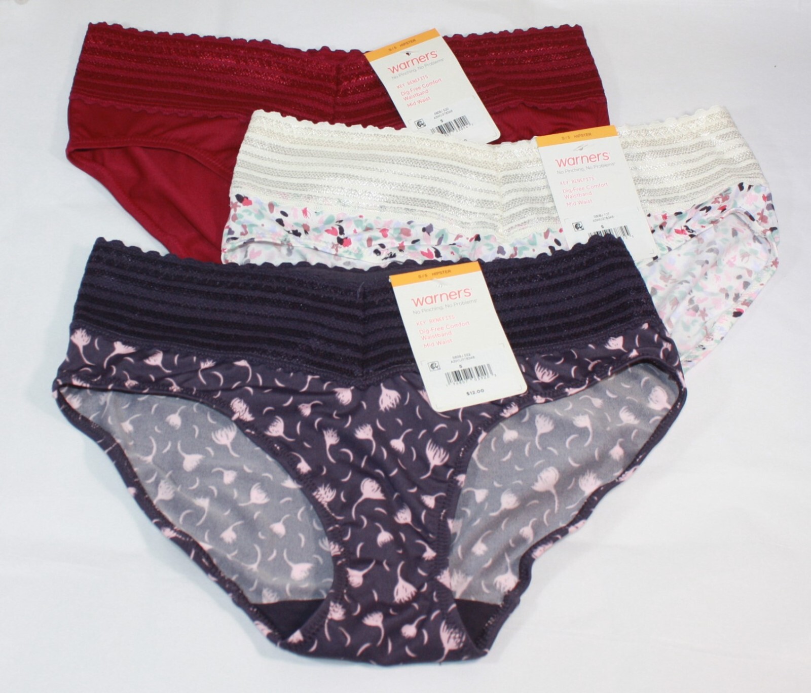 New set of 3 WARNER’S no muffin top HIPSTER panties WINE PURPLE PINK IVORY splat