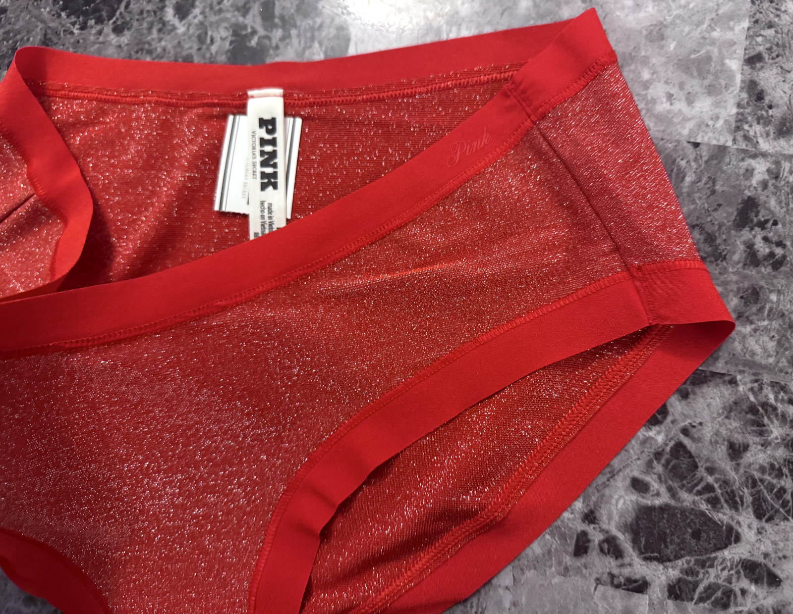 VICTORIA’S SECRET PINK RED SILVER SPARKLE SHIMMER MESH NO SHOW HIPHUGGER PANTIES
