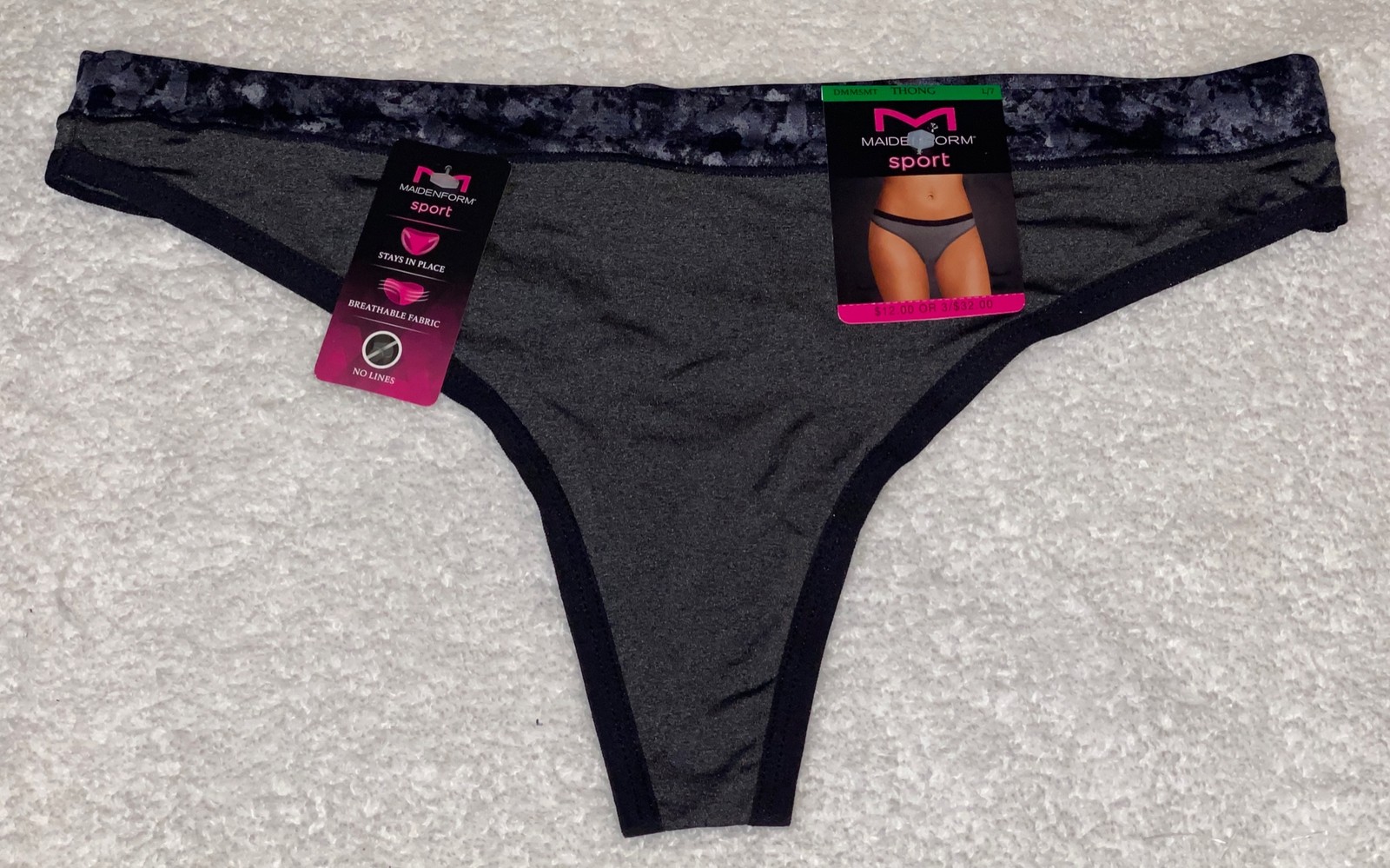 MAIDENFORM Sport Charcoal Grey Black Breathable Thong Panty Womens Sz S 5 2XL 9