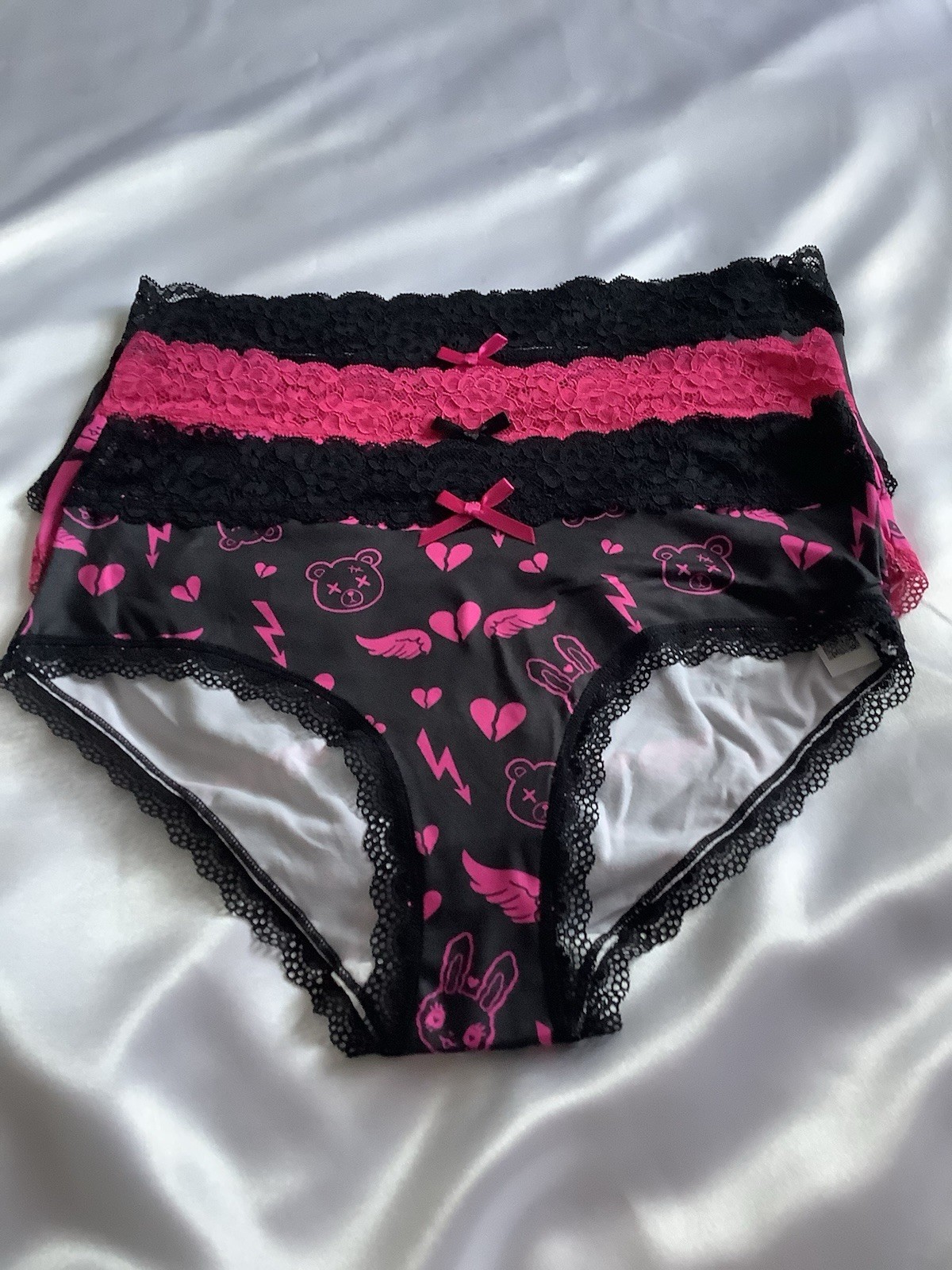 Women’s Teen Lace Brief Panties Bow Graphic Print Stretch Kawaii 3pk (6) Medium