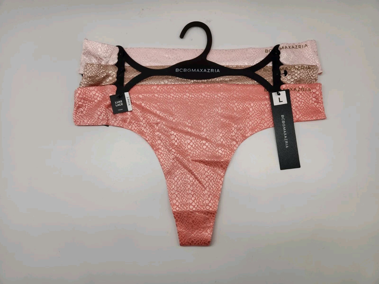 BCBGMaxAzria 3Pack Women M L XL Luxe Lace Thong String Panties Cream Beige Peach