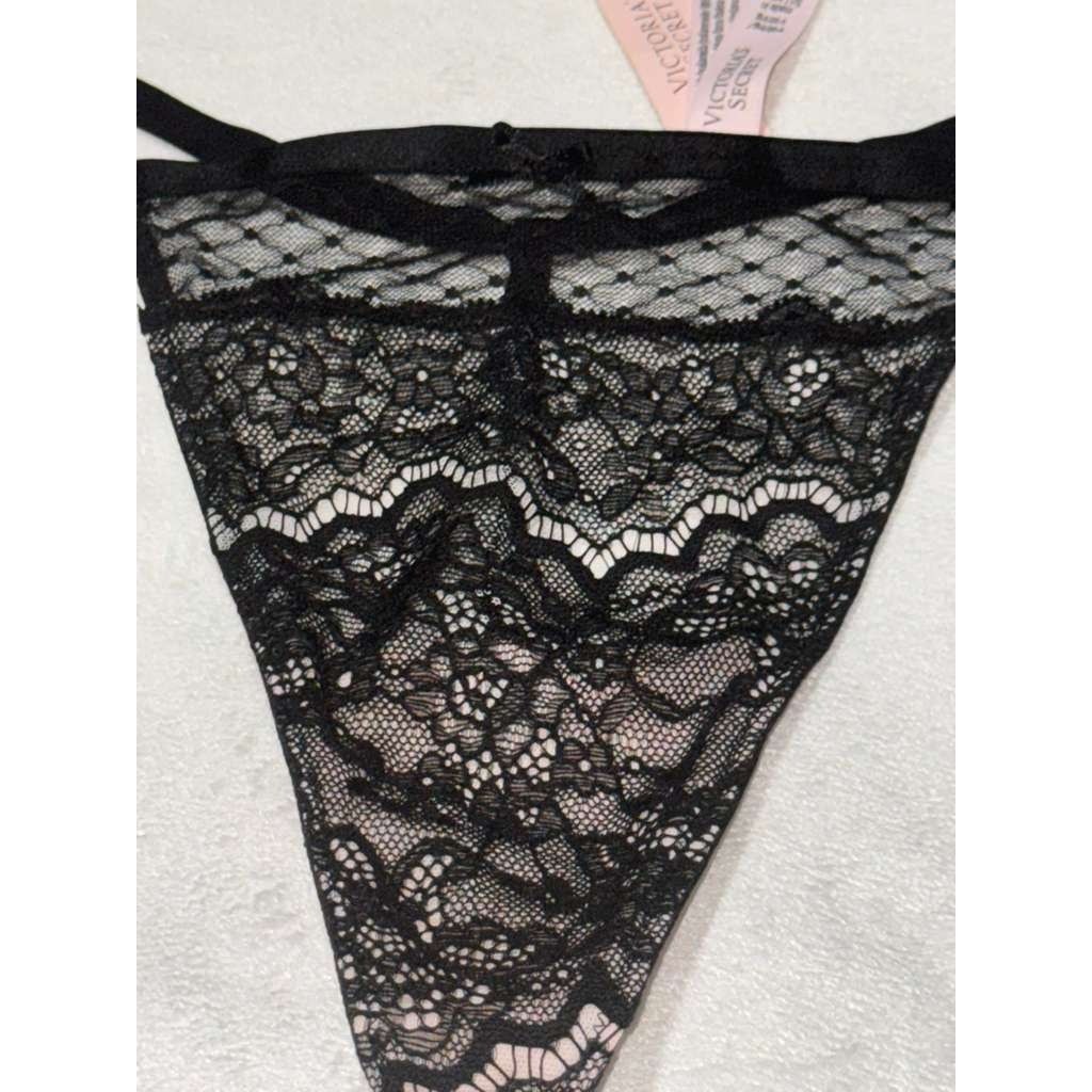 NWT Black Floral Lace & Mesh Thong Panty – Strappy Detail – Size L