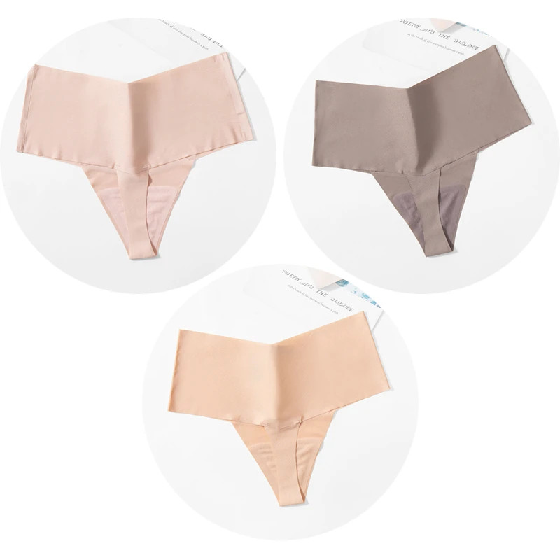 Seamless Satin Thong Panties High Waist Women’s V Cut Stretch Underwear 3 Pcs