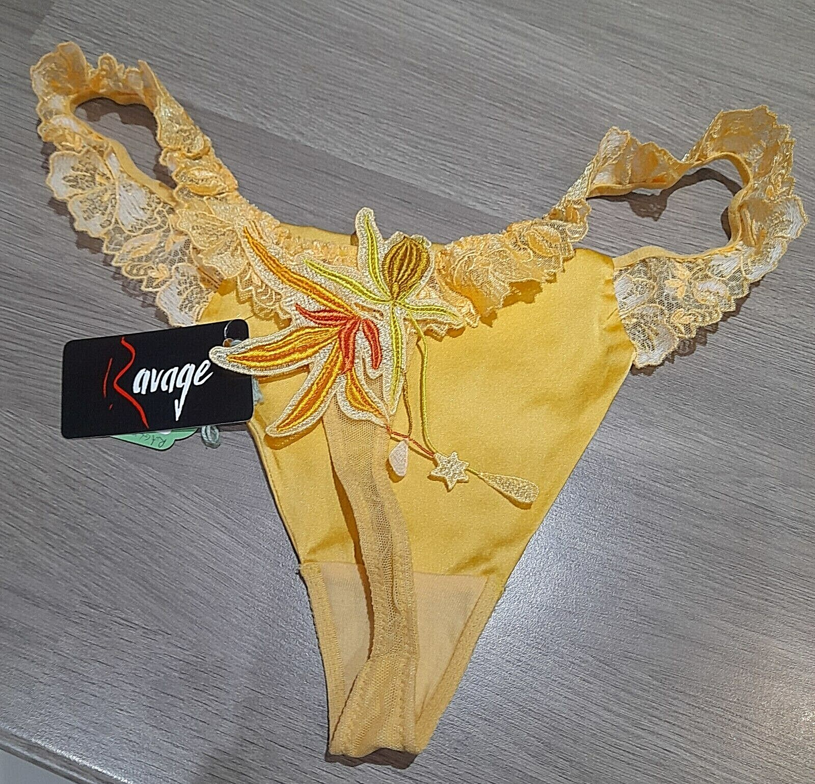 Ravage Yellow Equateur Satin/Embroidered Mesh TRIGONE Thong XS