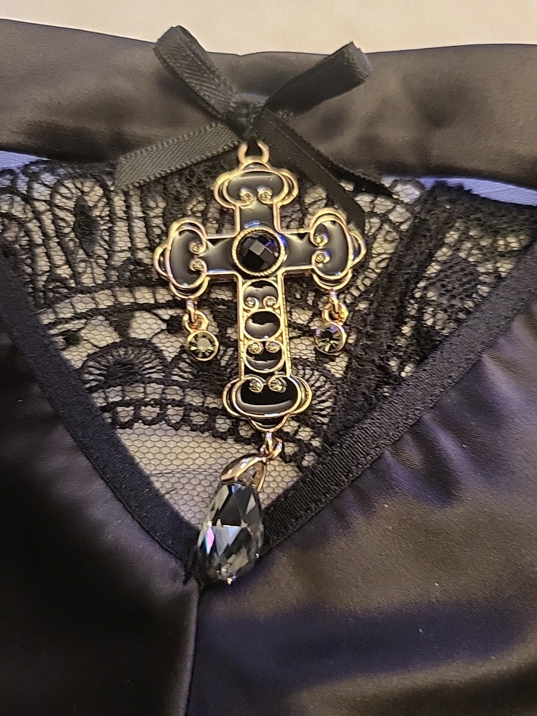 Honey Birdette Miss Soo Black Brief cross and chandelier crystal pendants Large