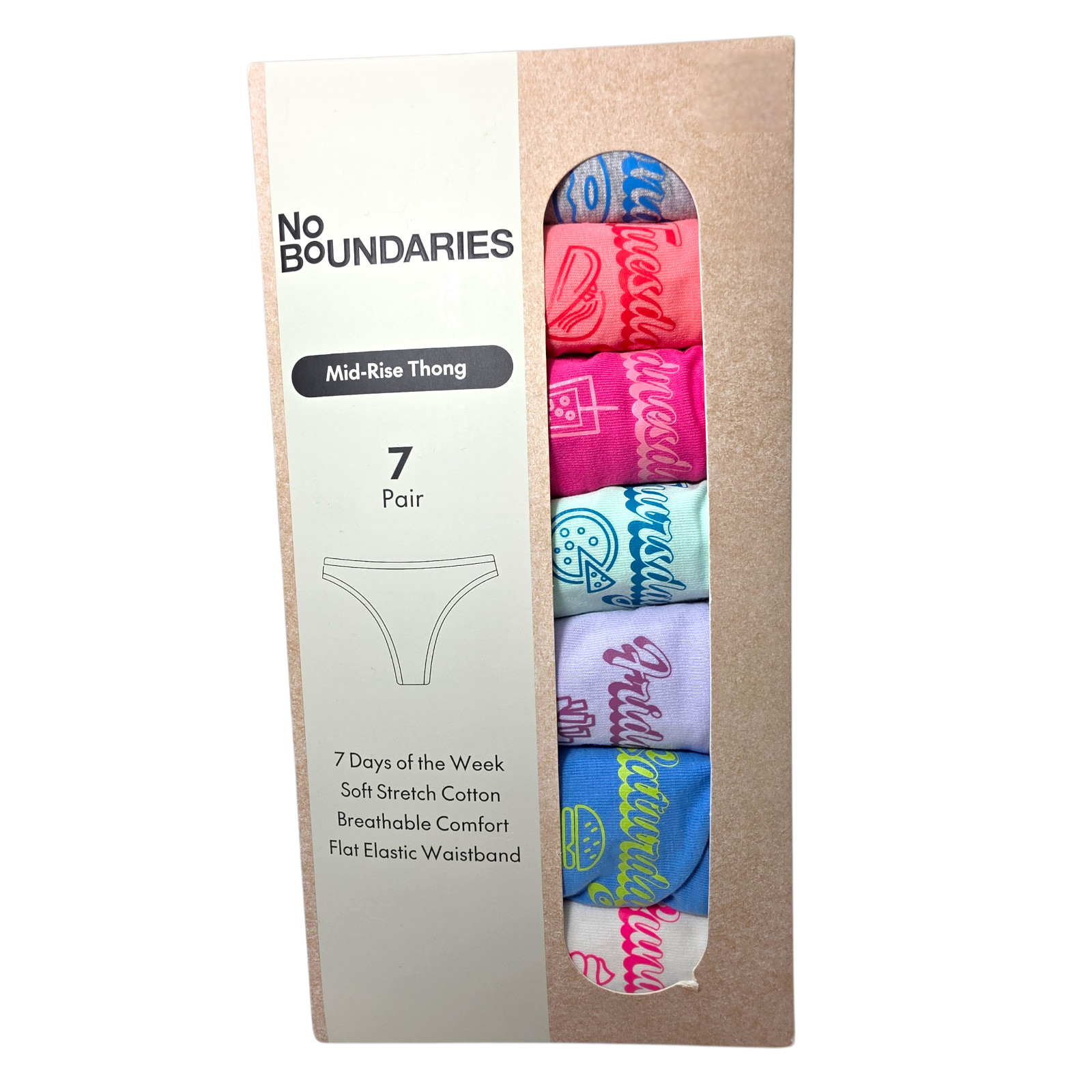No Boundaries Cotton Thong Panties Days of the Week 7 Pack Women’s Sizes XS-XXXL