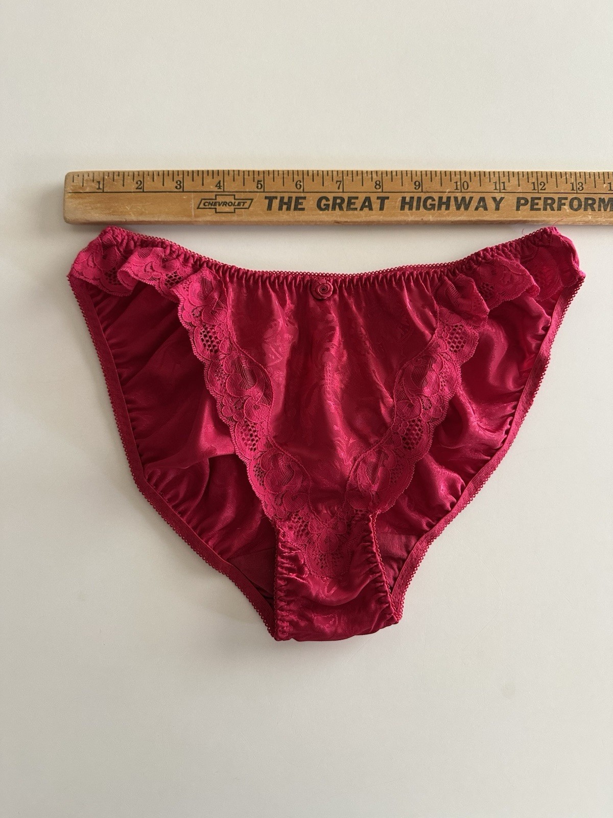Victoria’s Secret Gold Label Red Satin Jacquard Bikini Panties Lace Trim Rose M