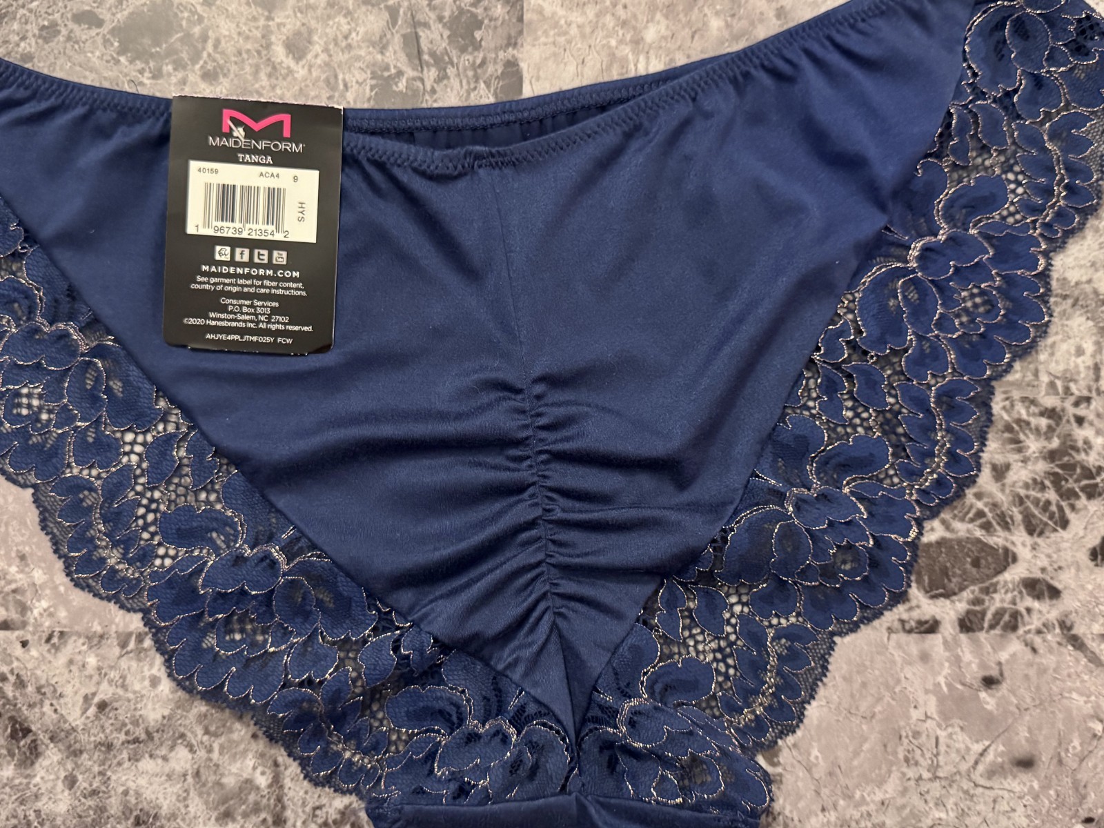 NWT MAIDENFORM XXL BLUE SMOOTH FLORAL ROSE GOLD LACE RUCHED TANGA CHEEKY PANTIES