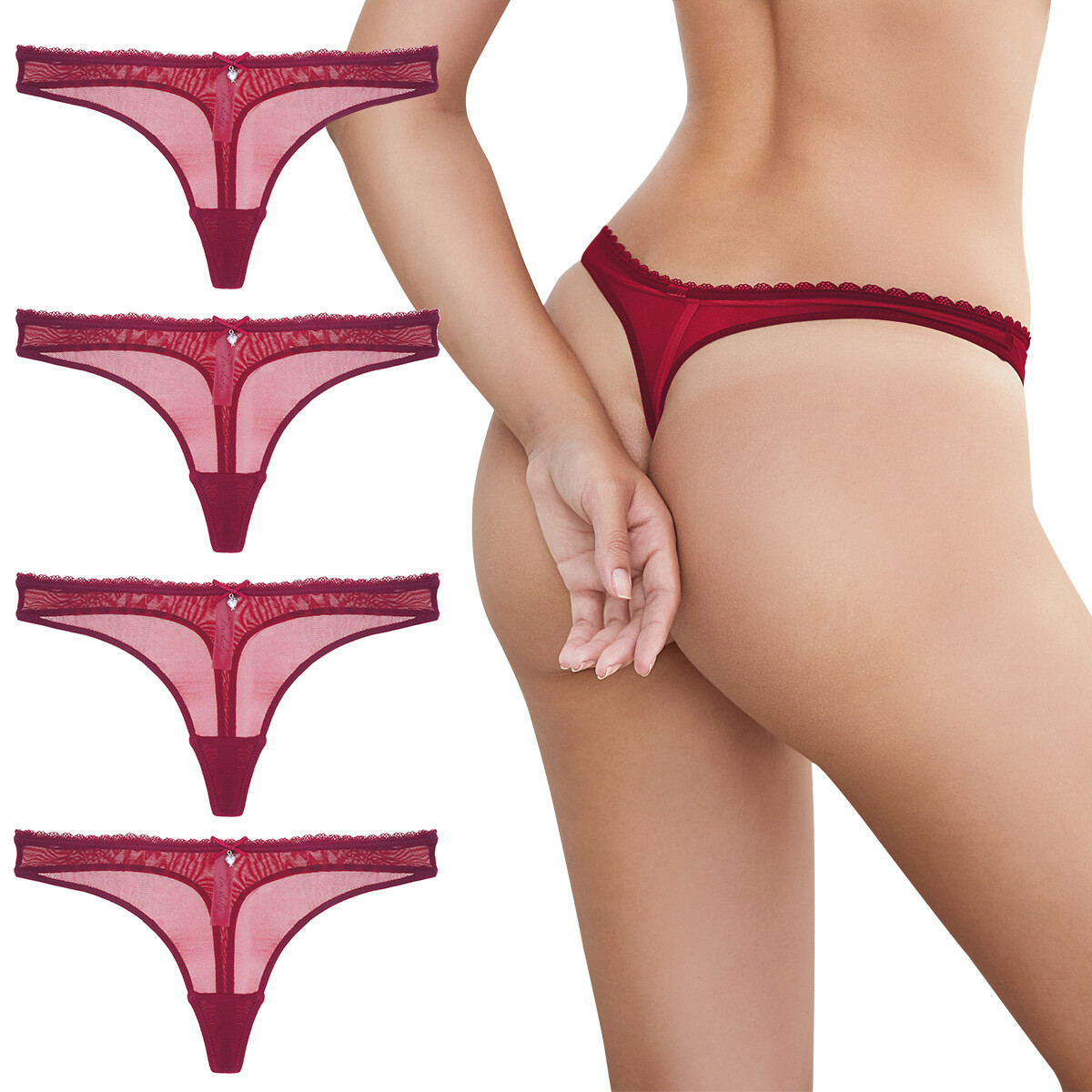 Sexy Women Thong Set 4 Pieces Transparent Mesh Sheer Underwear