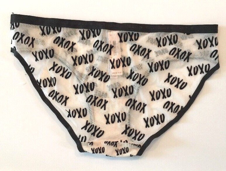 Victorias Secret XOXO LOVE Bikini Panties Size S Sexy Flirty Black Trim Sheer