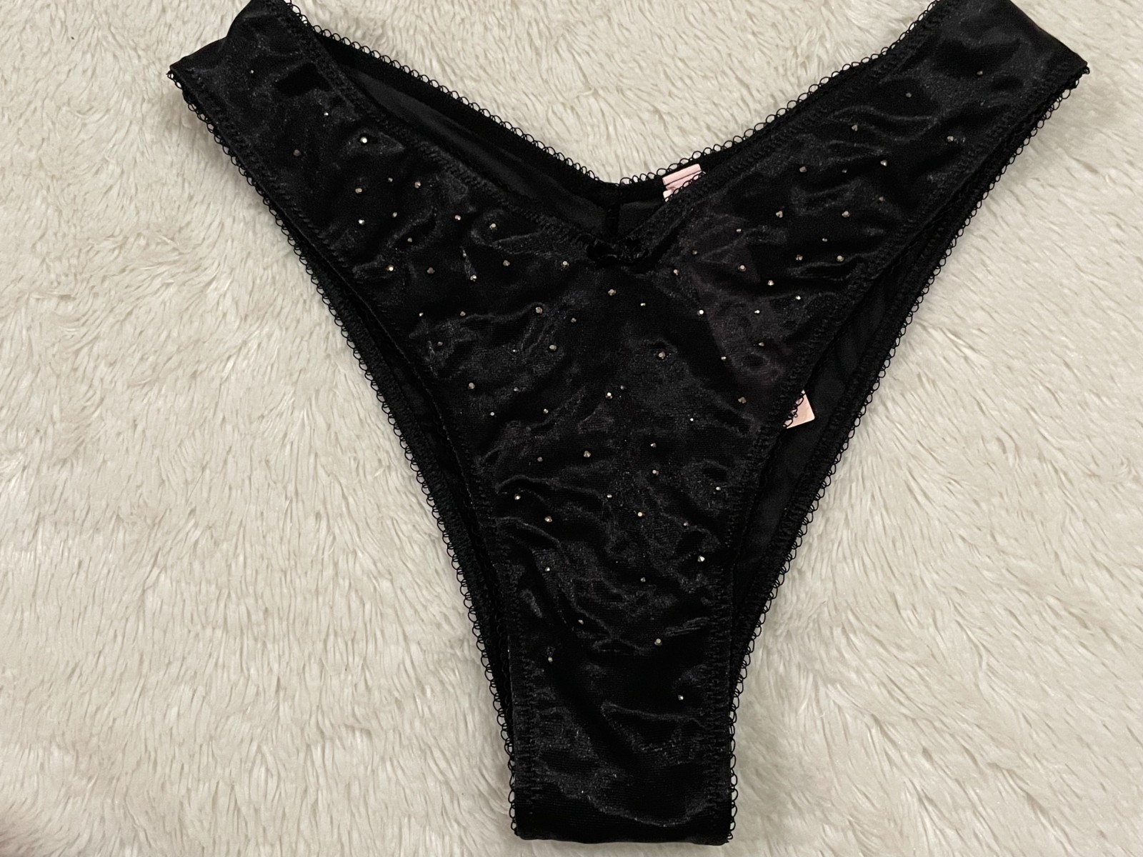 VICTORIA’S SECRET Crystal Shimmer Brazilian Panty RHINESTONE Silky Black V-Cut S
