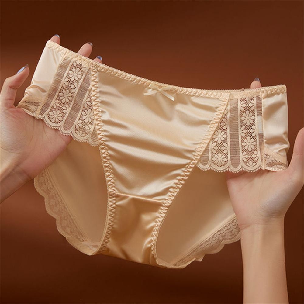 4pcs Women Luxury Ice Silk Smooth Glossy Satin Underwear Sexy Lace Thongs