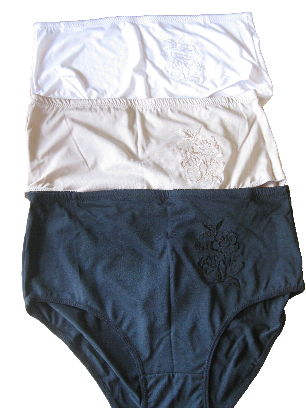 3 Pr Silky Panties Briefs Black/White/Beige XL NWOT Sz XL Rose Flower Embroidery