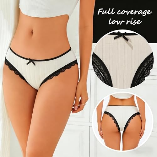 Women’s Lace Trim Ribbed Thongs, High Waist X-Large Multicolor Greige Shades