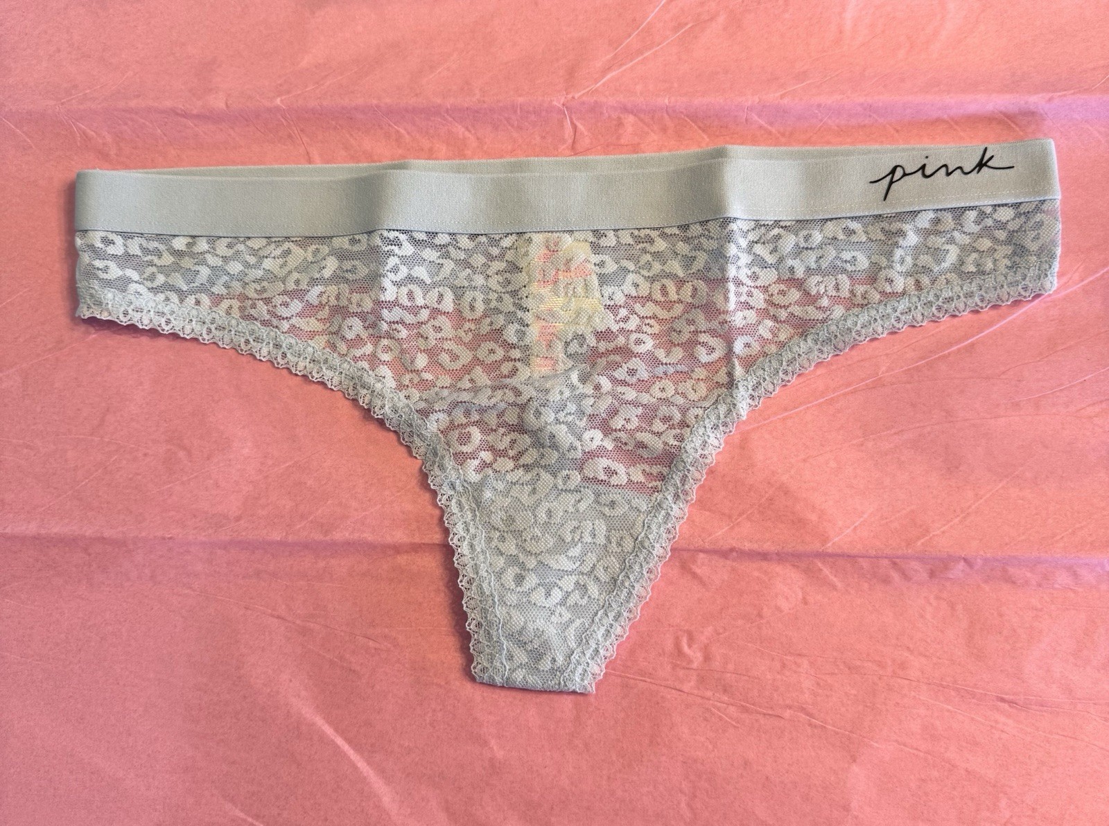 NWT PINK Victoria’s Secret SEXY Stretch Lace Thong Light Blue/Baby Blue L CUTE!