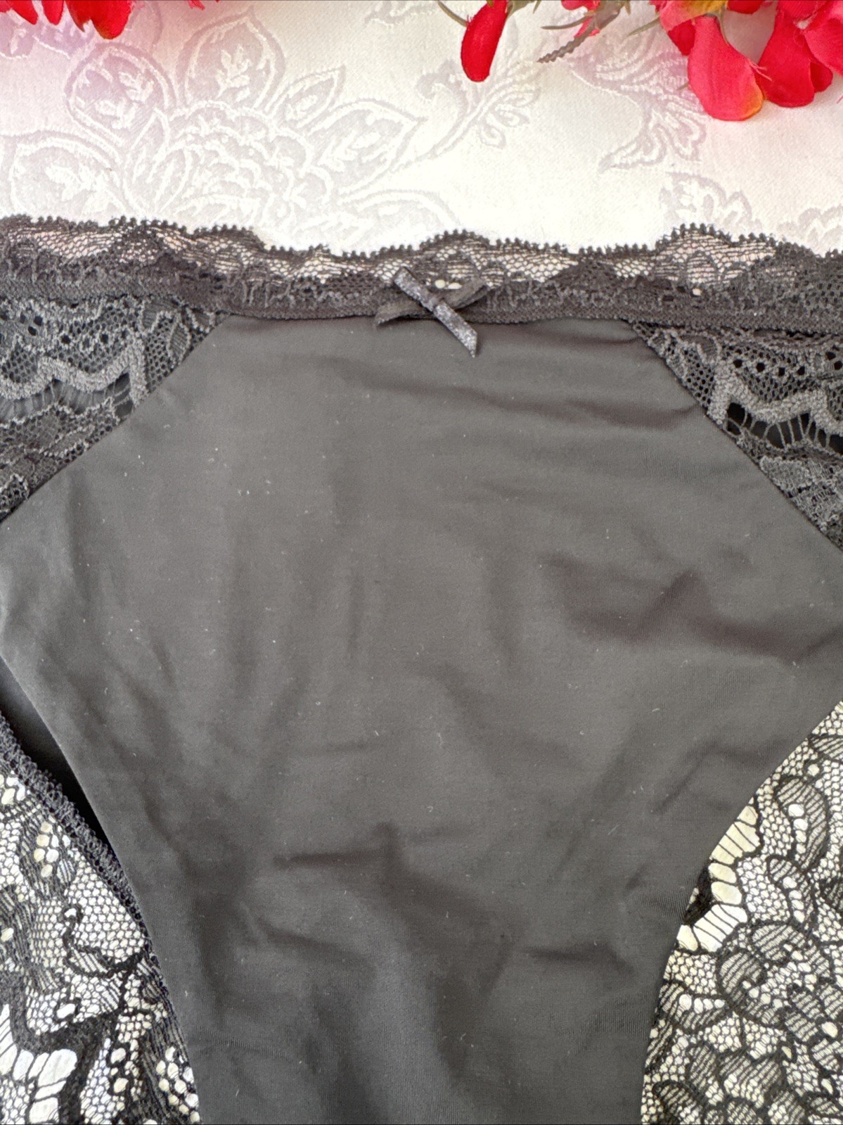 VICTORIA’S SECRET XL DREAM ANGELS BLACK CHEEKINI TANGA LACE SILKY PANTIES NWT