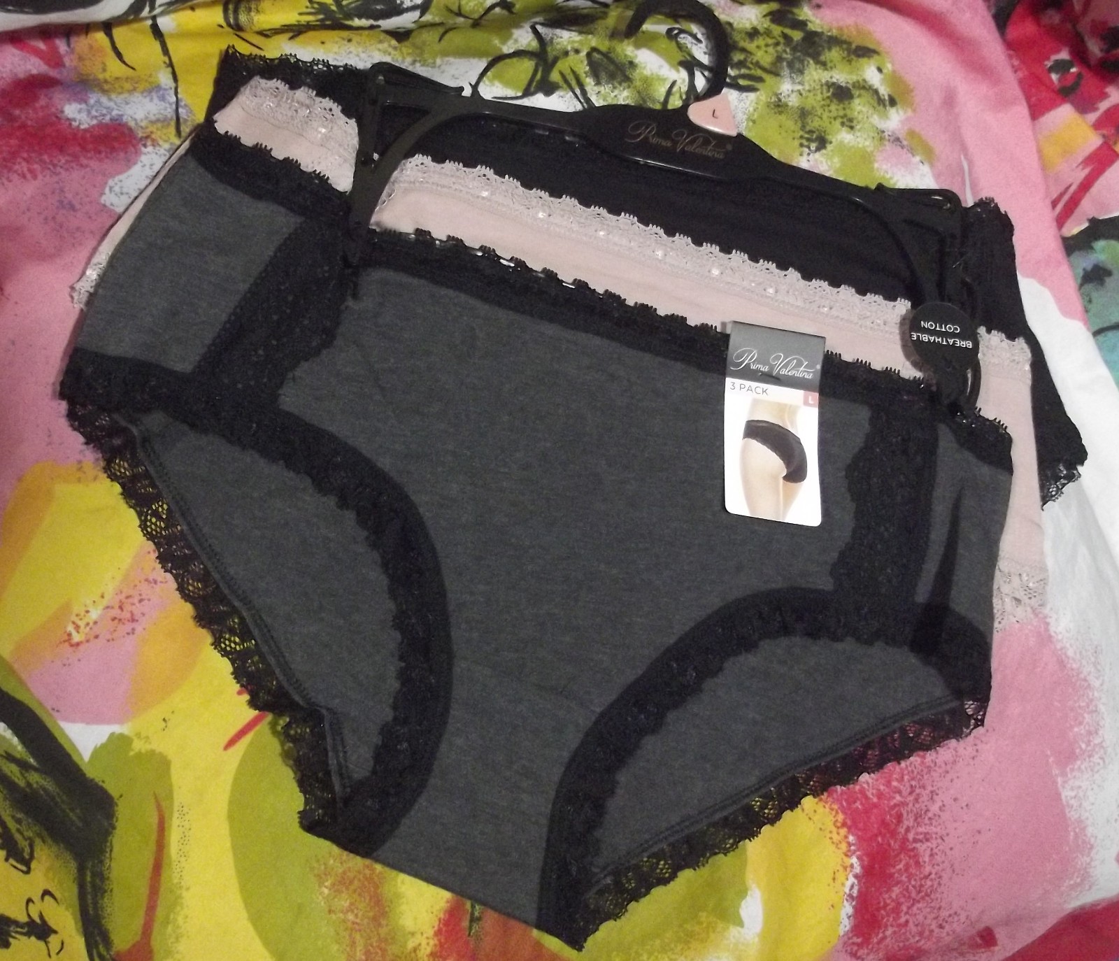 3 NEW PRIMA VALENTINA 8101 BH/BG/BK LACE WAIST/LEGS COTTON HIPSTER PANTIES L