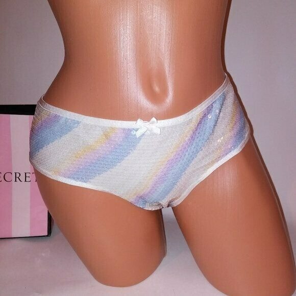 Victoria Secret Panty Large Cheeky Sequin Bling White Sheer Stripe Dream Angels
