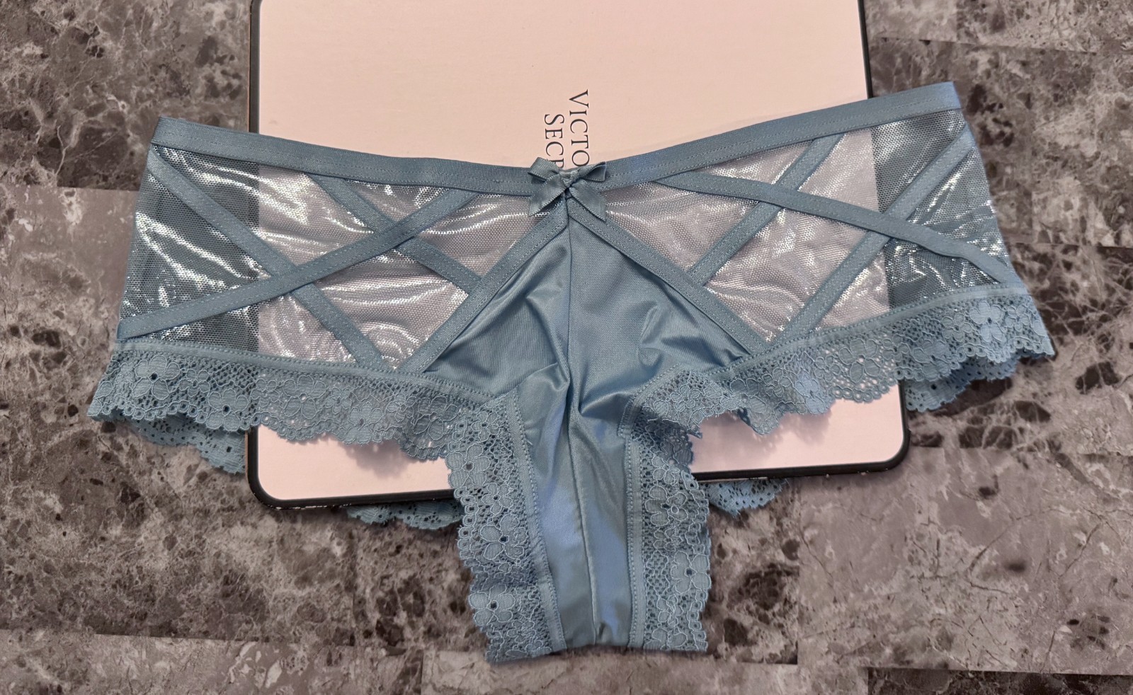VICTORIA’S SECRET S SMOOTH BLUE SILVER SHINE SHIMMER MESH RARE CHEEKY PANTIES