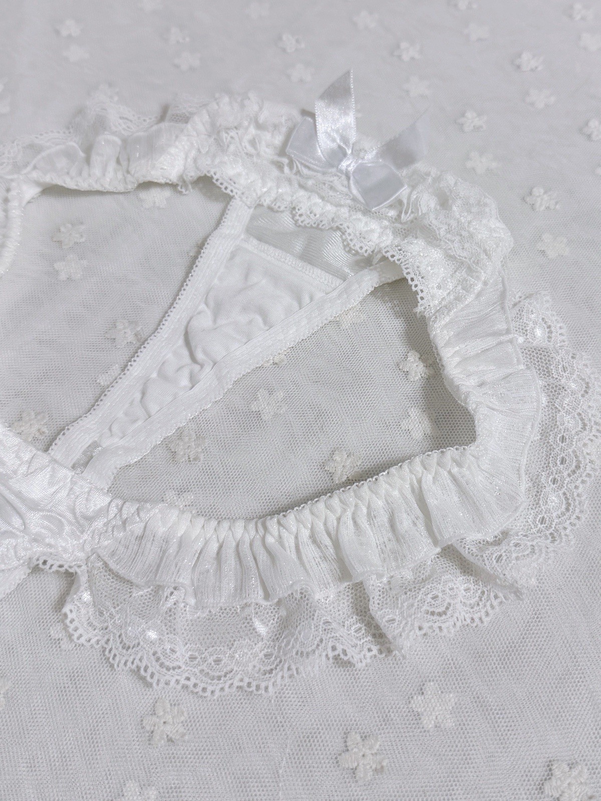US-S Japanese Brand Satin Bow Glittery Chiffon Trim Lace Ruffle Nylon Thong
