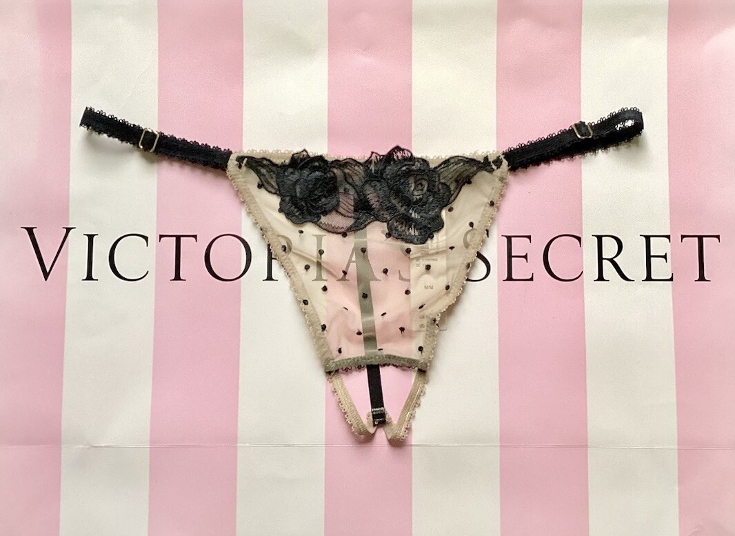 NEW Victoria’s Secret Adjustable Crotchless V-String Thong Panty Rose Appliqué L