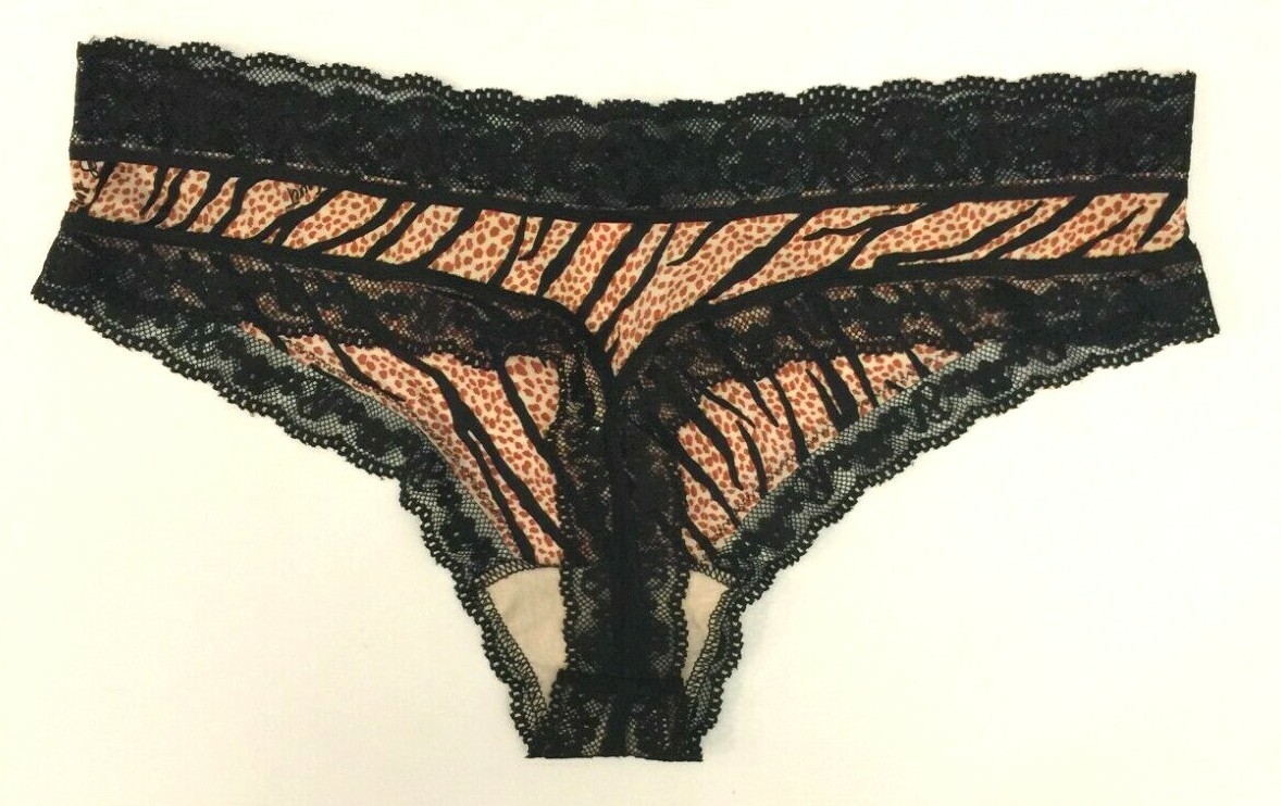 Victorias Secret Tiger Giraffe Animal Print Thong Panty Size XL Logo Lace Waist