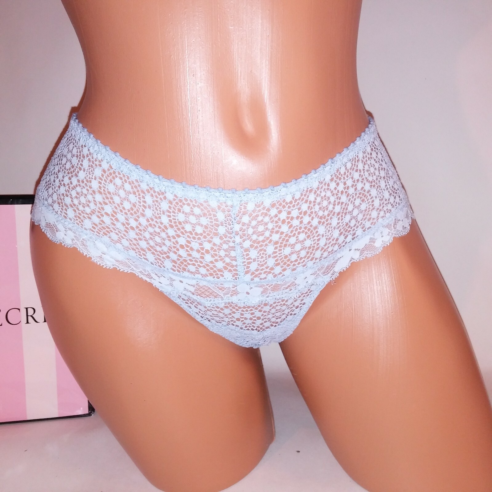 Victoria Secret Panty Wide Side Thong XS Light Blue Lace Bow Back Dream Angels N
