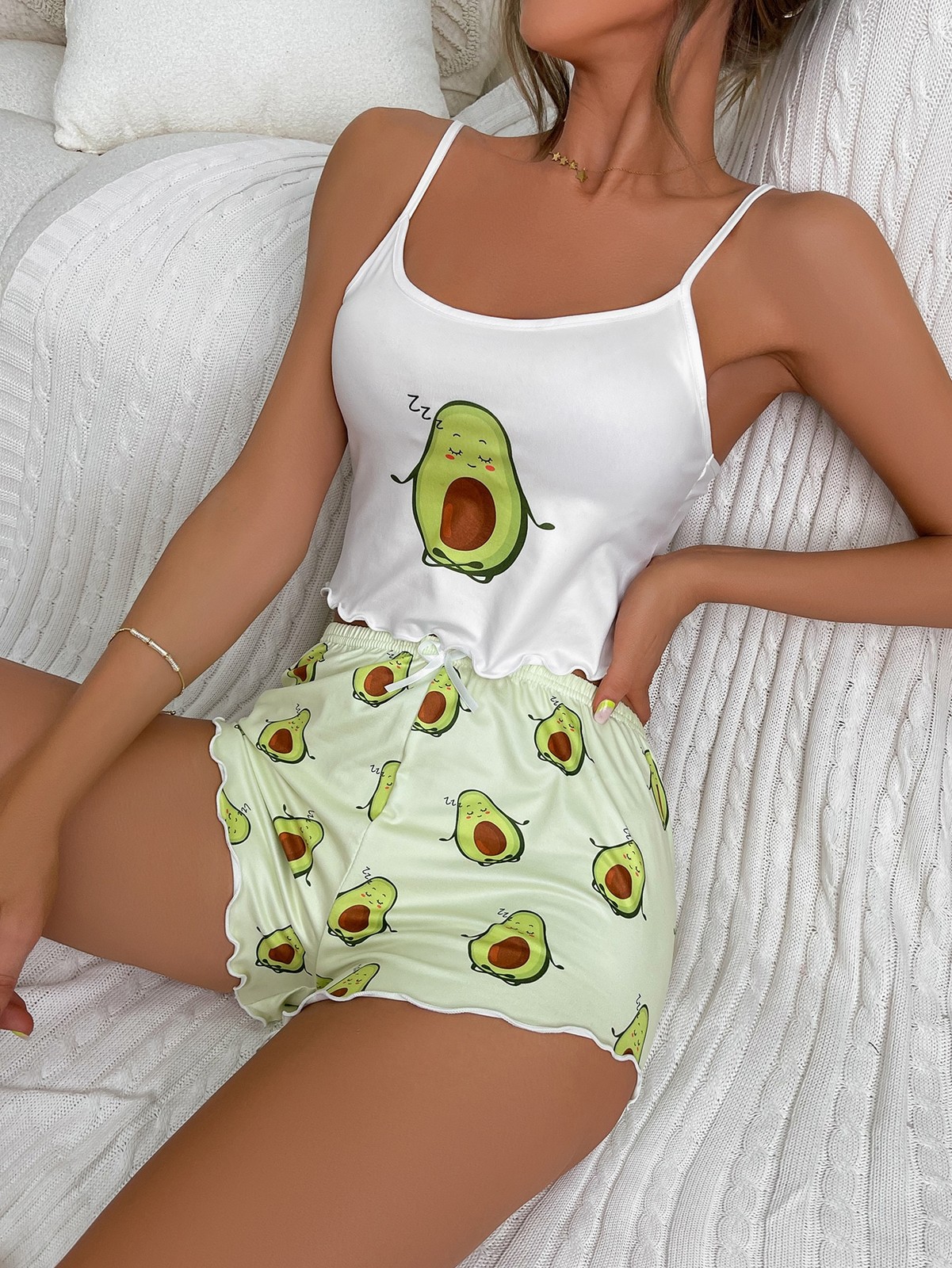 Cute Cartoon Graphic Cami Top & Shorts Pyjama Set in White Cheap24