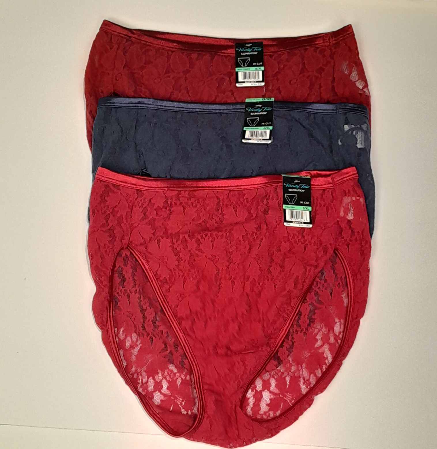 3 Vanity Fair Illumination High Cut Panties 8 XL Red/Navy Lace Satin Trim NWT