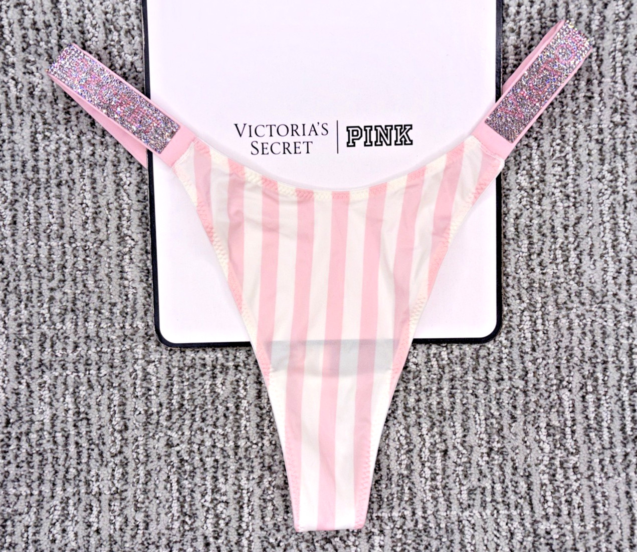 Victoria’s Secret Very Sexy NWT XL Pink Stripe Spellout Shine Strap Thong Panty