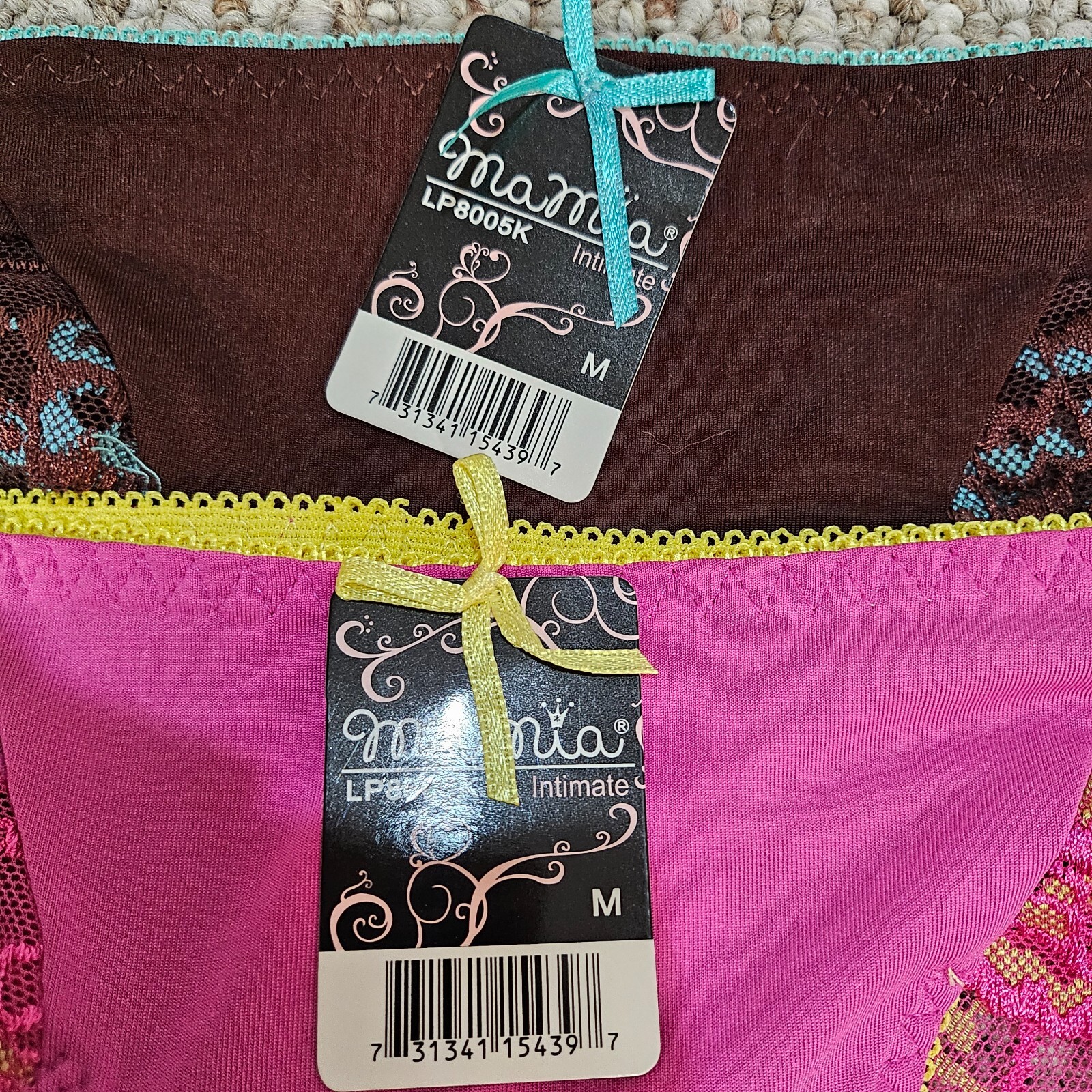 MaMia Cheeky Lacey Bikini Panties Bi-Color Brwn/Blue & Pink/Yello M Lot of 2 NWT