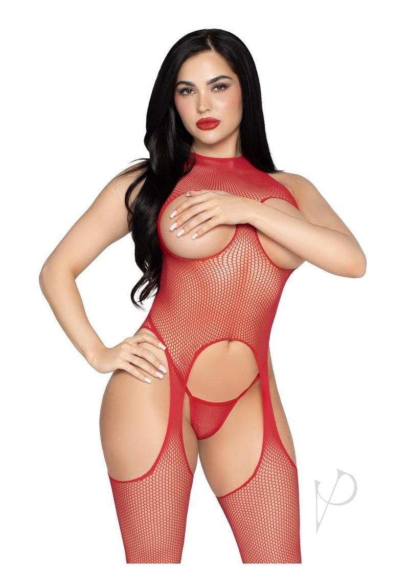 Womens Panty Red Circle Net Cupless Suspender Lingerie Jumpsuit