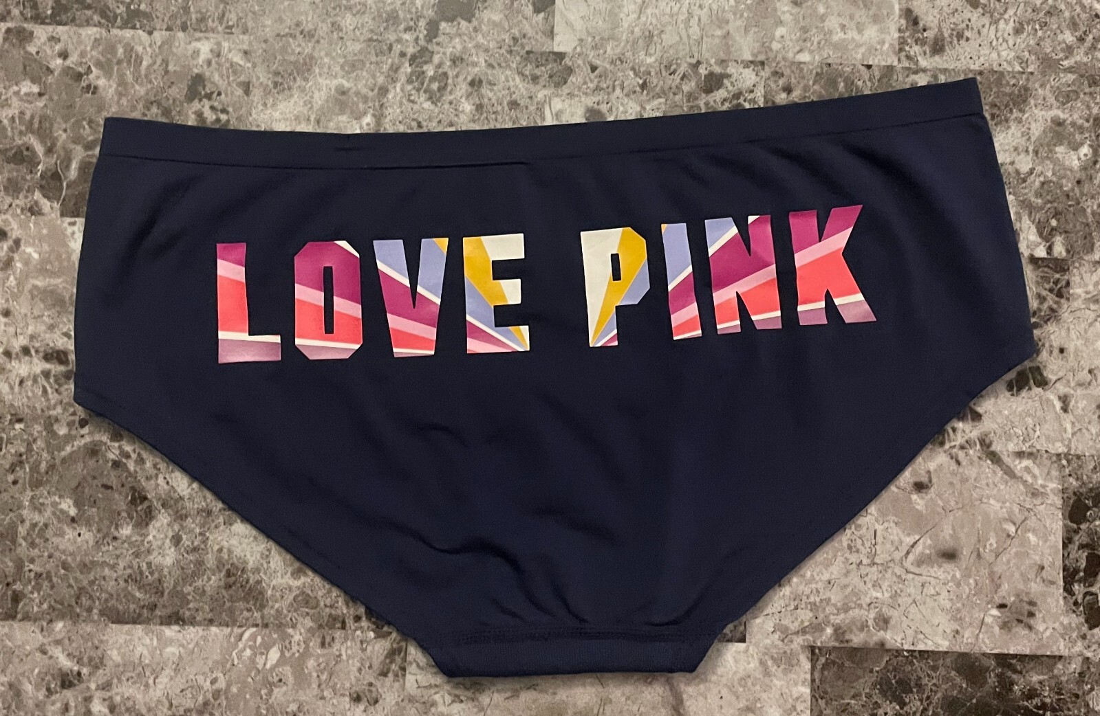 VICTORIA’S SECRET PINK M NAVY BLUE STRIPE LOGO SEAMLESS RARE HIPSTER PANTIES