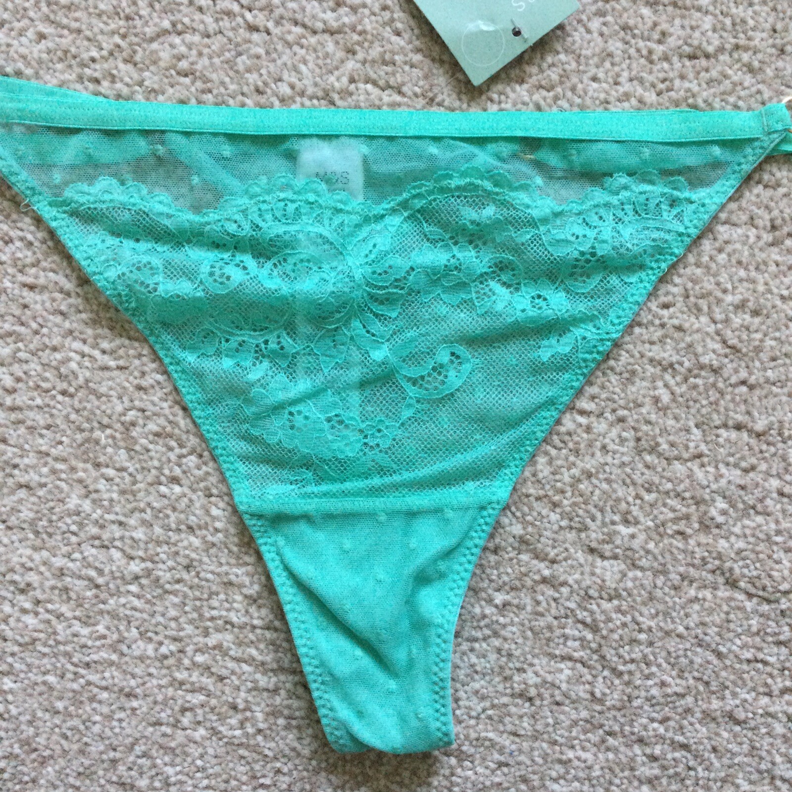 M&S Size 16 Ladies Lace Mesh Thong Knickers Light Jade Green Gold Ring Detail
