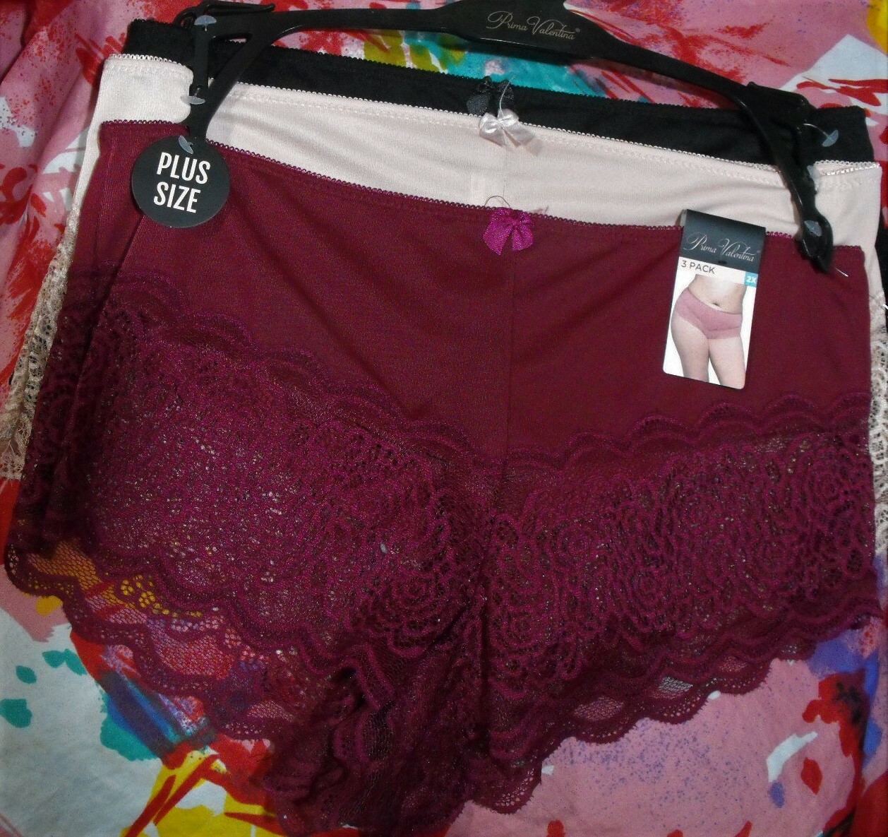 3 NEW PRIMA VALENTINA PLUS 841084X BURG LACE BACK DETAIL BOYSHORT PANTIES 2X