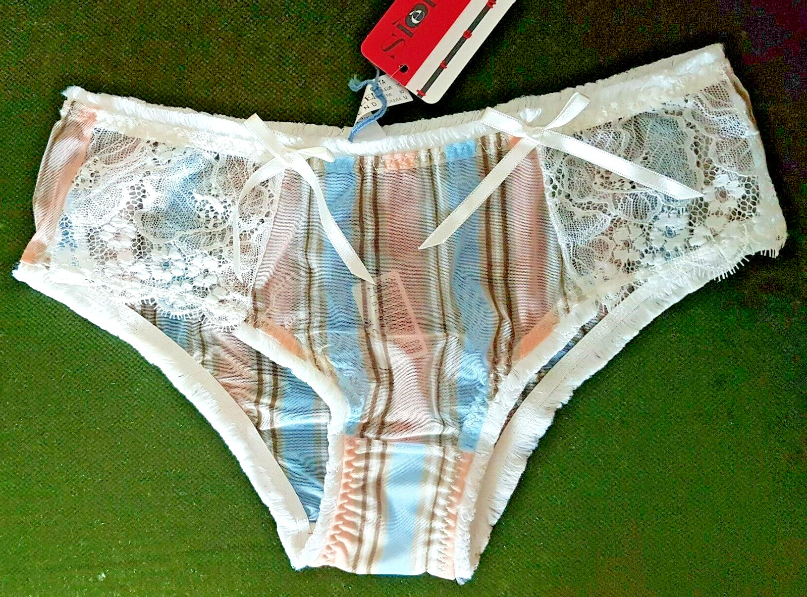 Sielei Striped Mesh/Lace Panels Blue/Brown/Peach/Ivory Culottes Fur Trim S